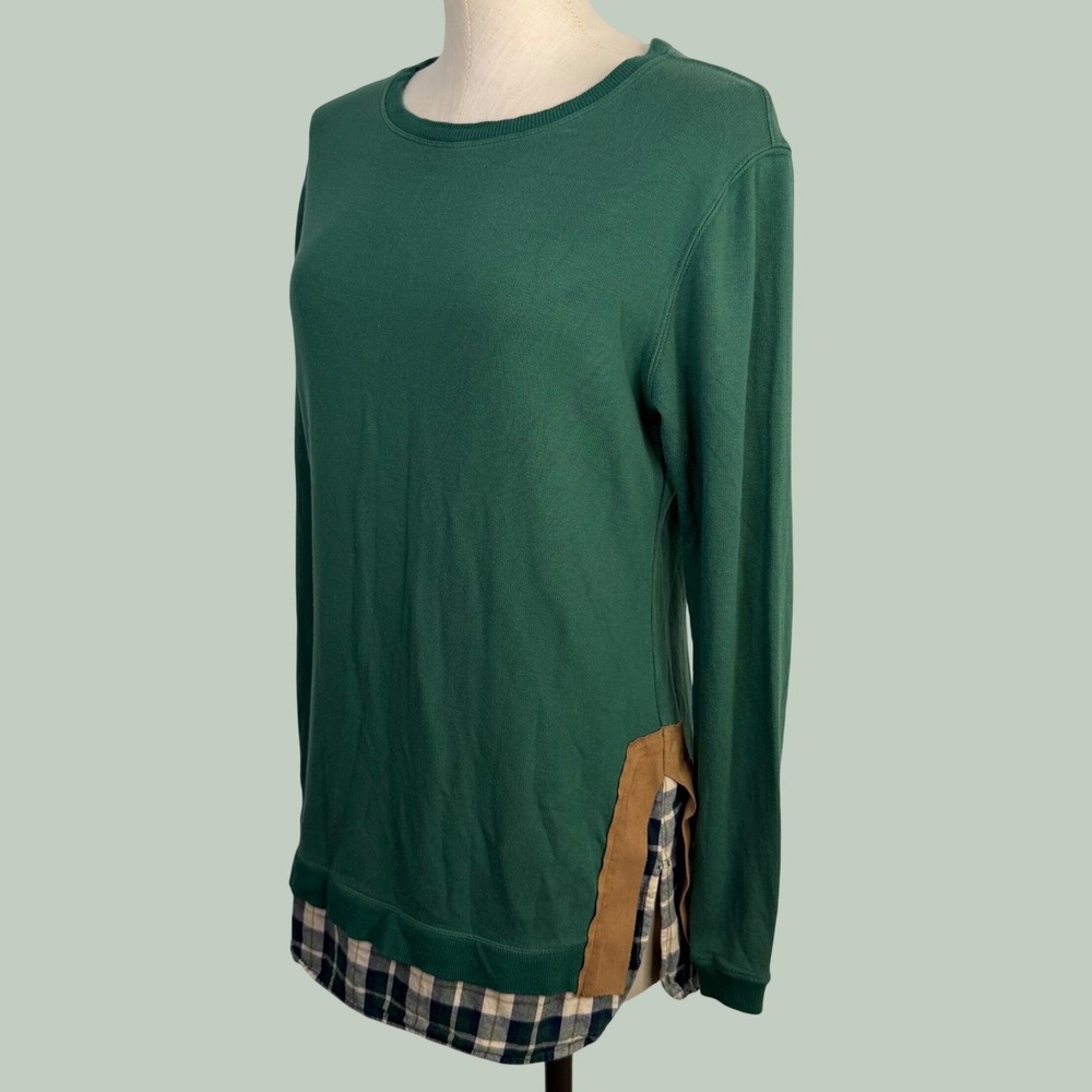 Evy's Tree The Charlotte Green Plaid Hem Faux Suede Trim Sweatshirt Small